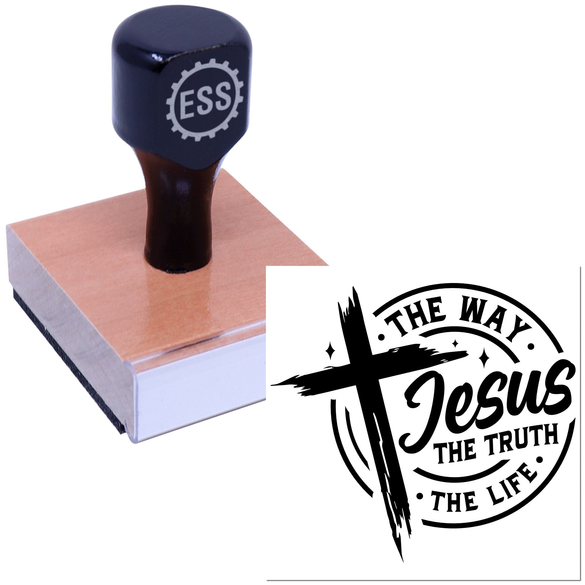Dark navy embossing stamp and seal with ESS logo, wooden base, and black The Way Jesus the Truth the Life design.