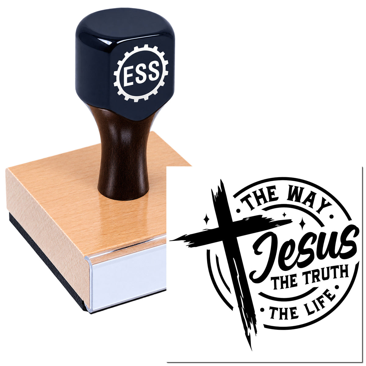 Dark navy embossing stamp and seal with ESS logo, wooden base, and black "The Way Jesus the Truth the Life" design.