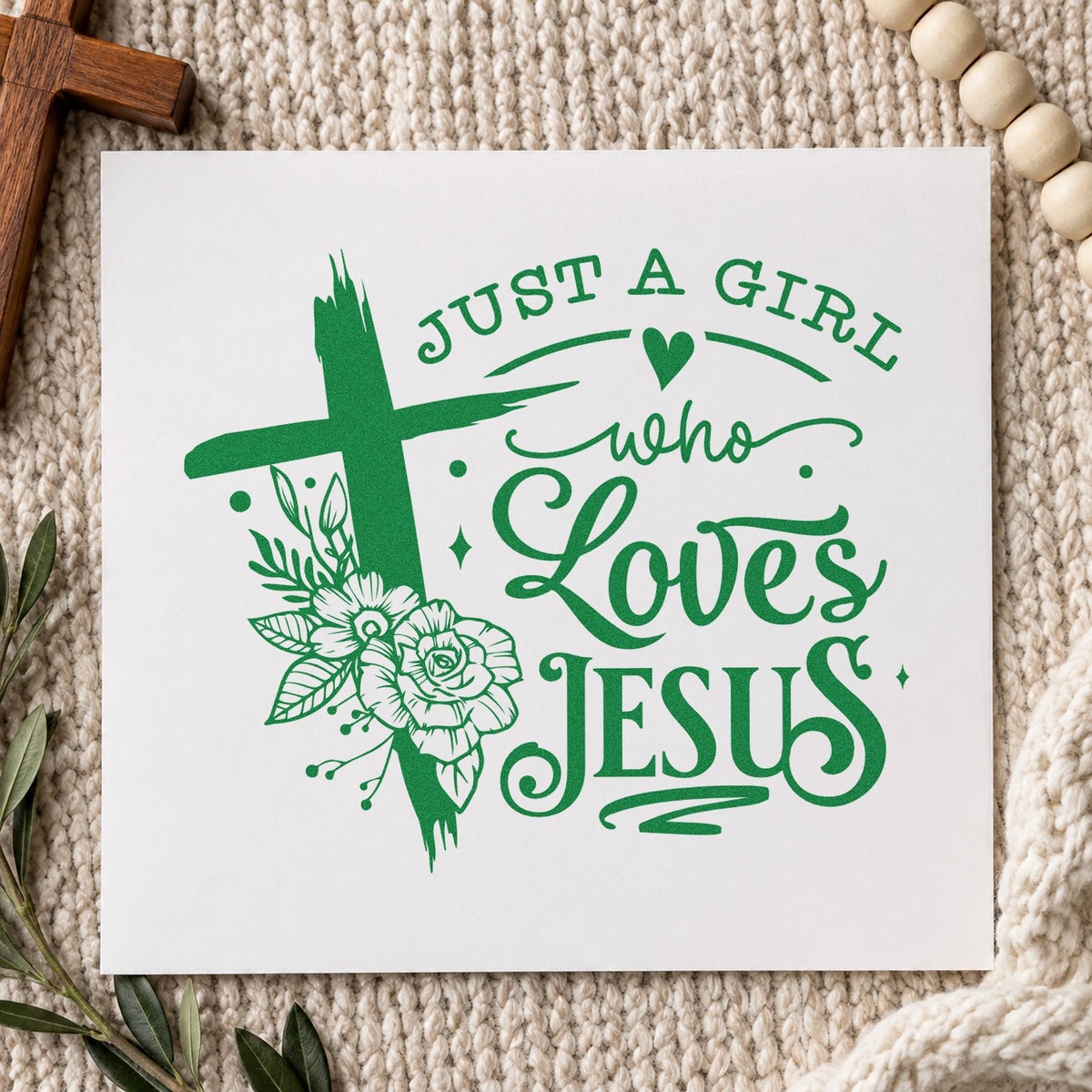 Girl Who Loves Jesus Floral craft stamp imprint in green ink on a handmade project, one idea being coloring page crafts.