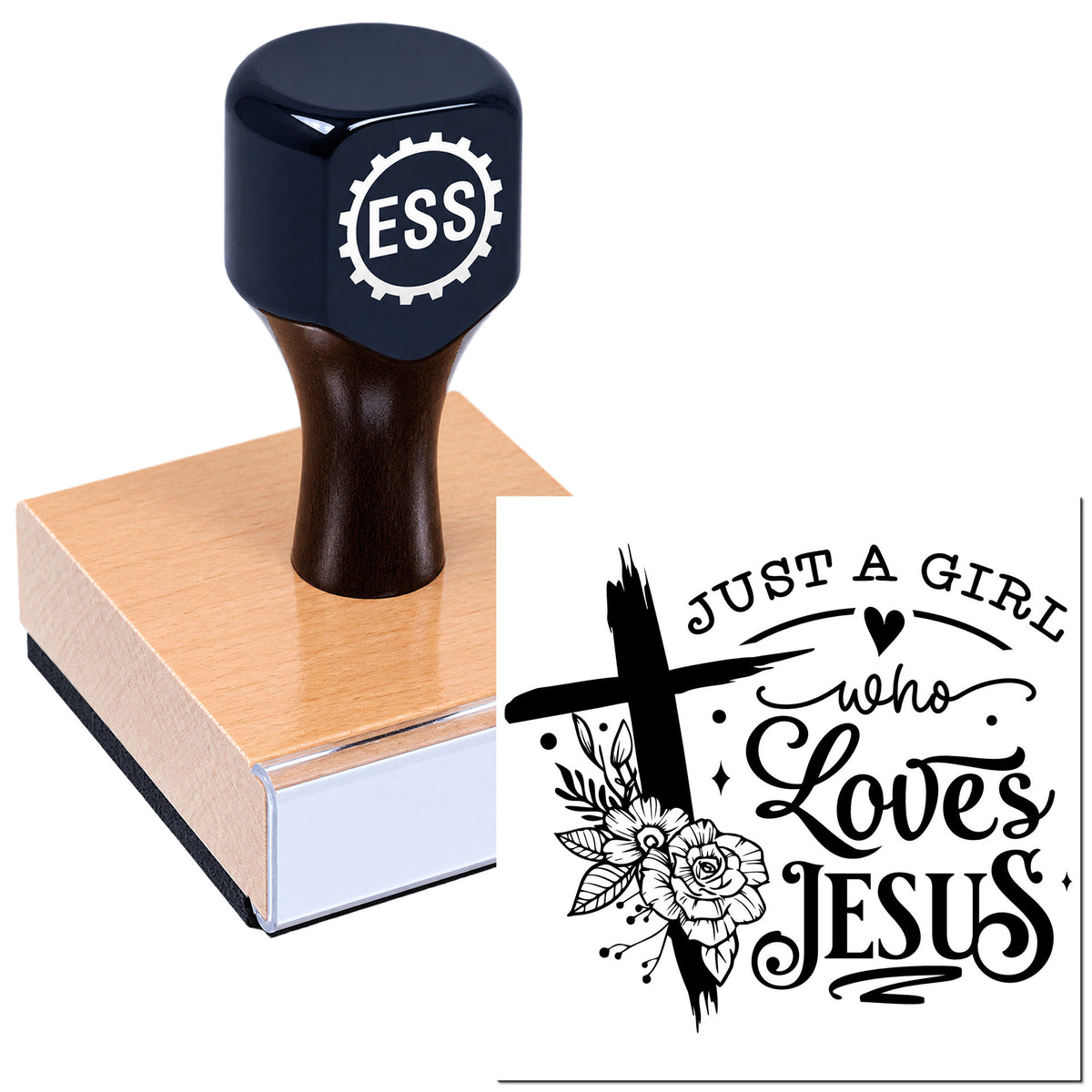 Black ESS rubber stamp on wooden block with Christian seal design reading "Just a girl who loves Jesus."