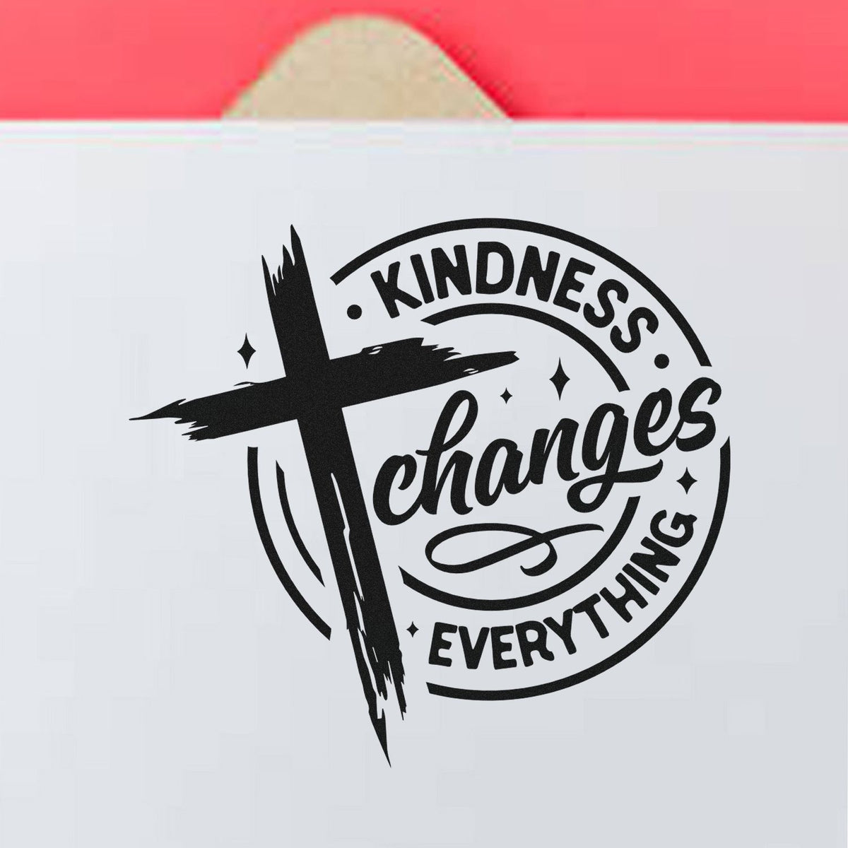 Kindness Changes Everything Premium Wood-Mounted Stamp - Vintage Pro imprint stamped in black ink. A brushstroke cross overlaps a circular "Kindness changes everything" design.