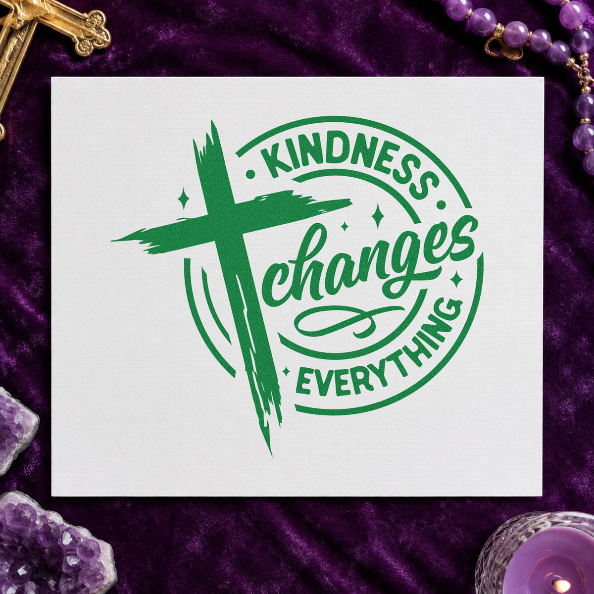 Kindness Changes Everything craft stamp imprint in green ink on a handmade project, one idea being lunchbox note pages.