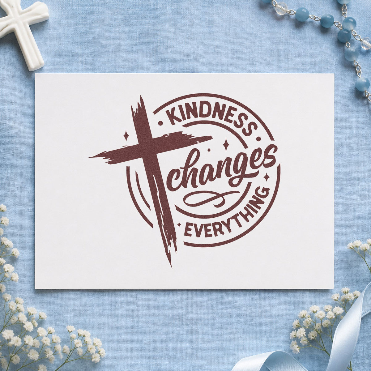 Kindness Changes Everything rubber stamp printed in brown ink, ready for anti-bully handouts and similar paper crafts.