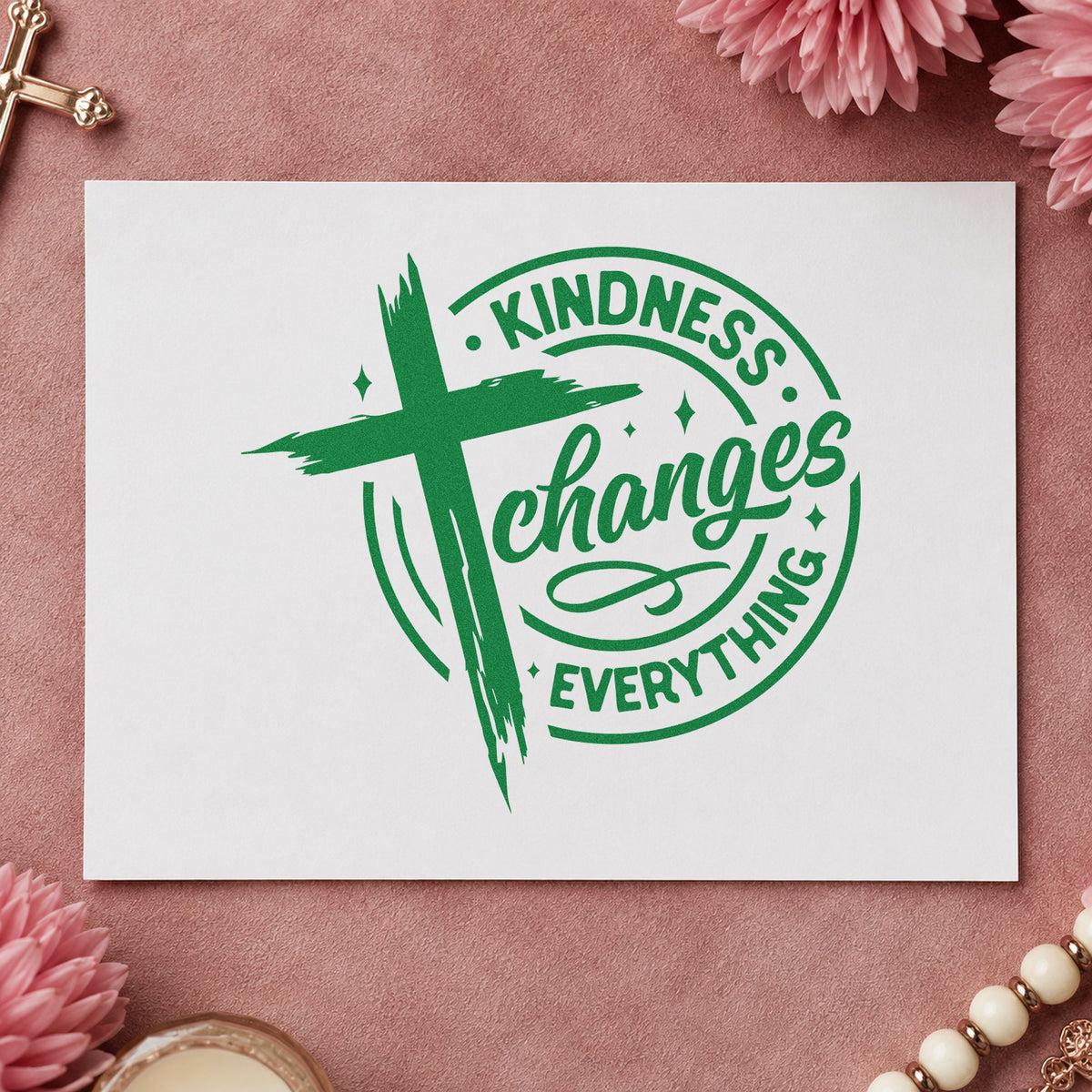 Kindness Changes Everything craft stamp imprint in green ink on a handmade project, one idea being framed corridor art.
