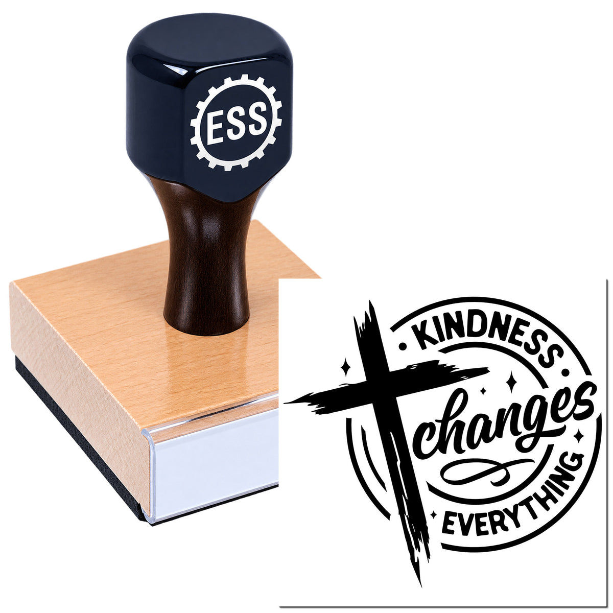 Black ESS rubber stamp on a pink block with a bold black "Kindness Changes Everything" seal design.