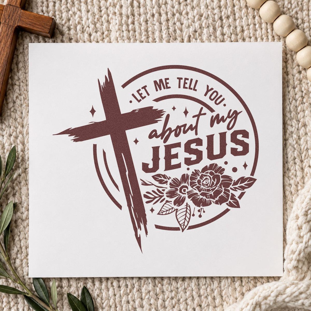 Let Me Tell You About Jesus rubber stamp printed in brown ink, ready for invite card seals and similar paper crafts.