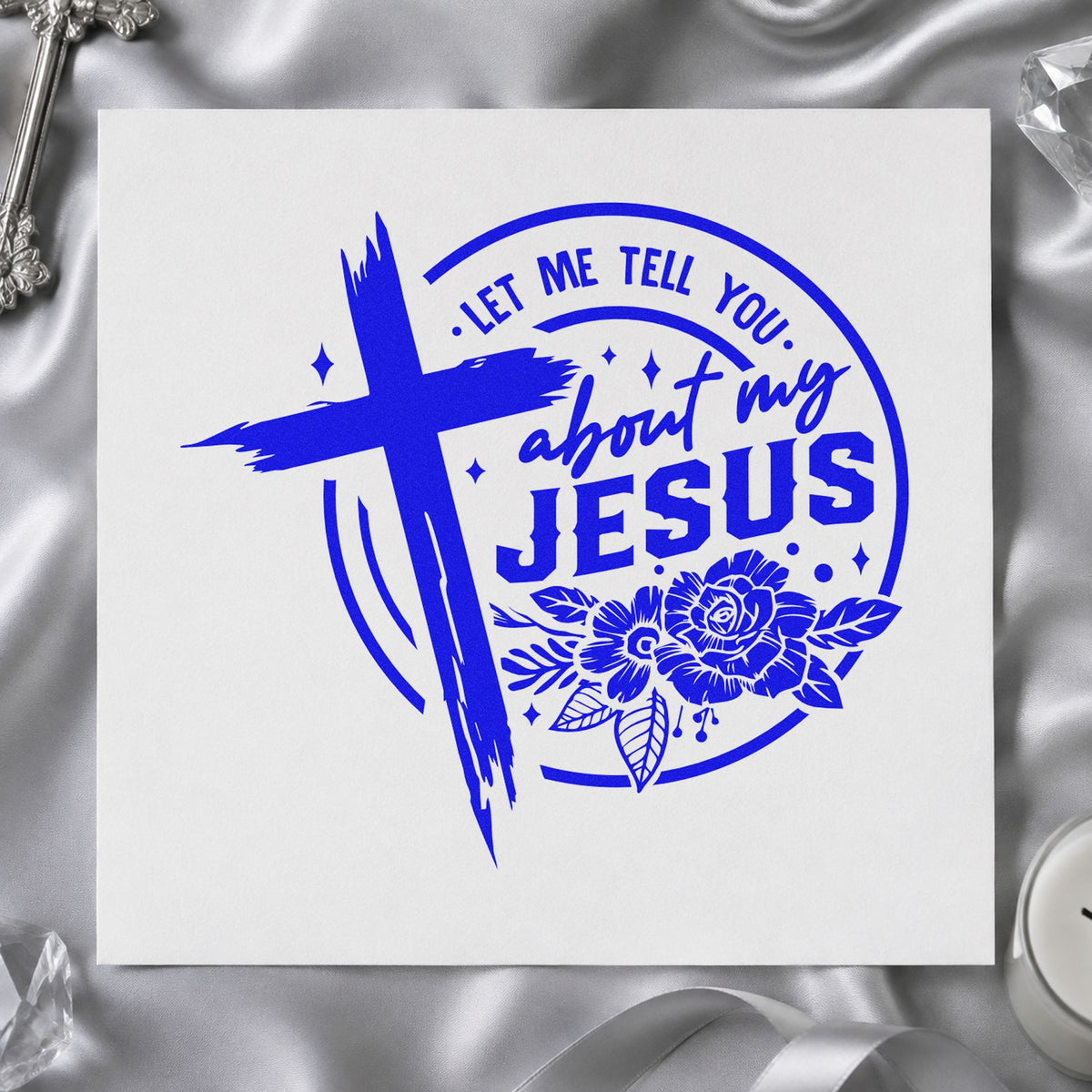 Let Me Tell You About Jesus craft stamp in blue ink on cardstock, an easy option for front porch totes.