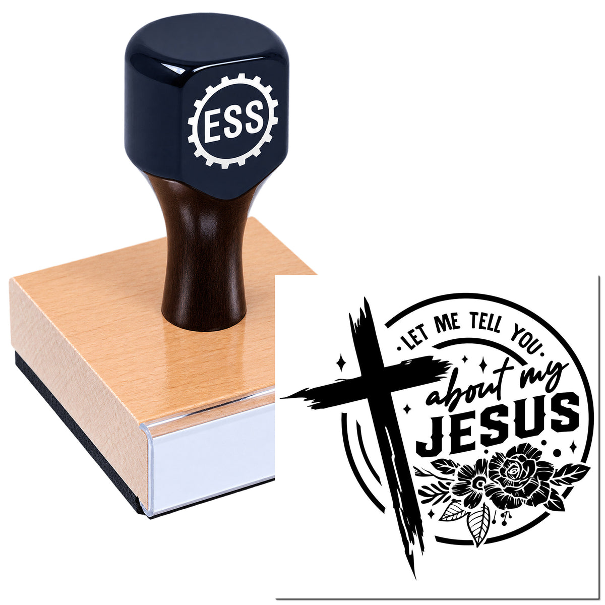 Black ESS rubber stamp and seal on pink block beside circular Jesus-themed seal with flowers on white background