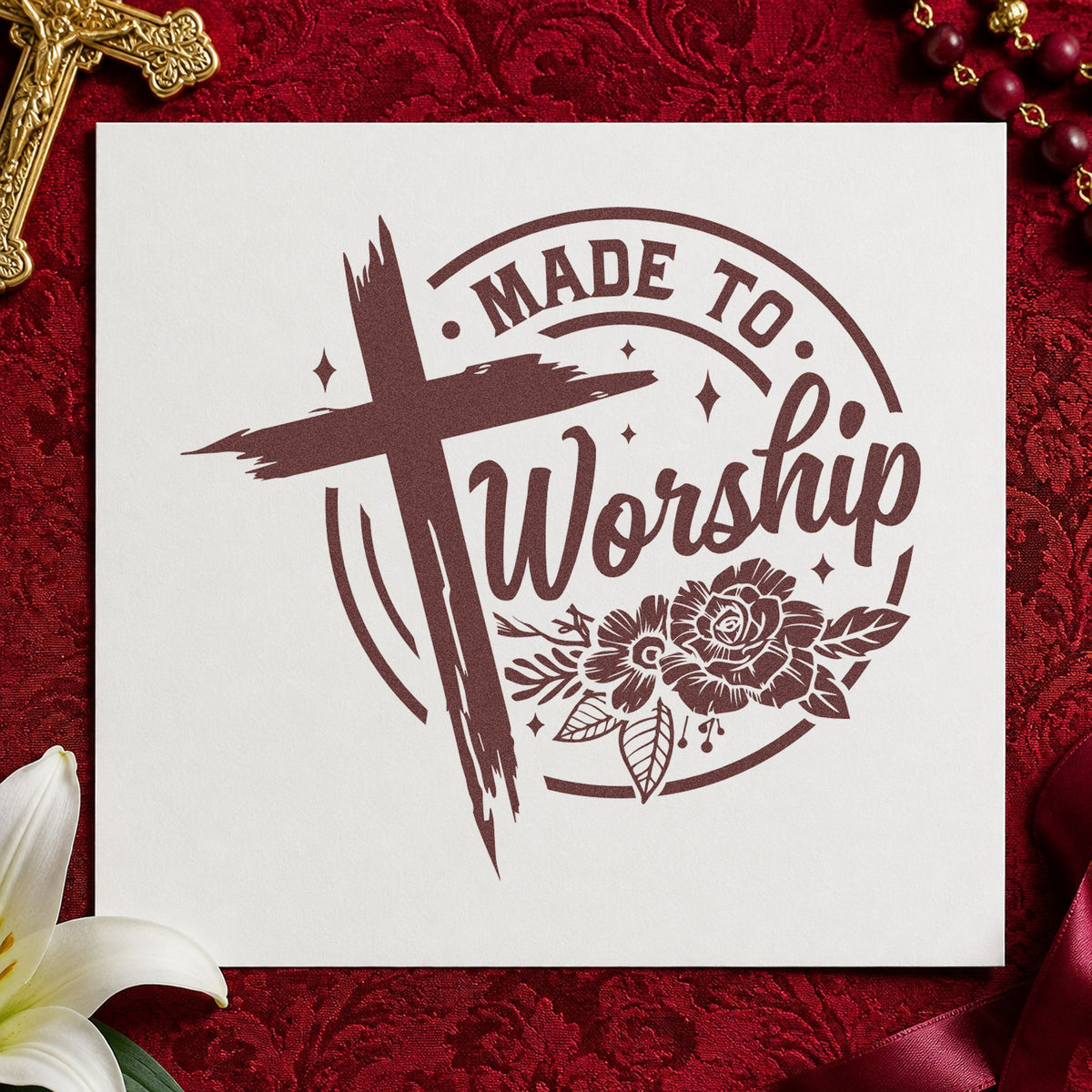 Made to Worship Roses rubber stamp printed in brown ink, ready for hymnal bookplates and similar paper crafts.