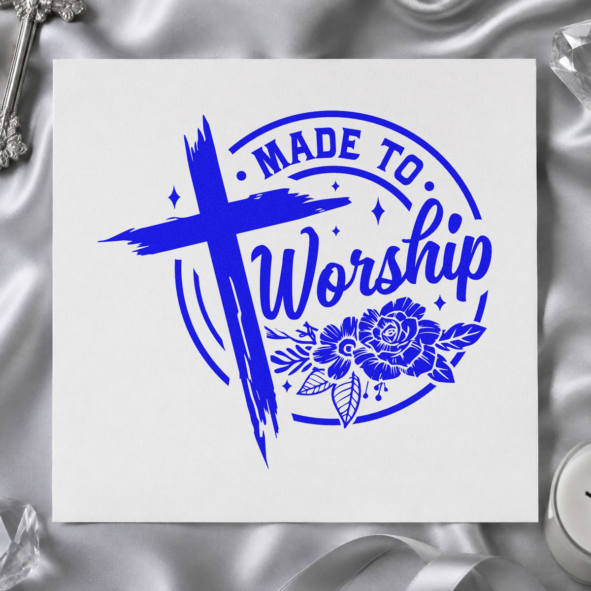 Made to Worship Roses craft stamp imprinted in blue ink on paper, a design suited to guitar case stickers.