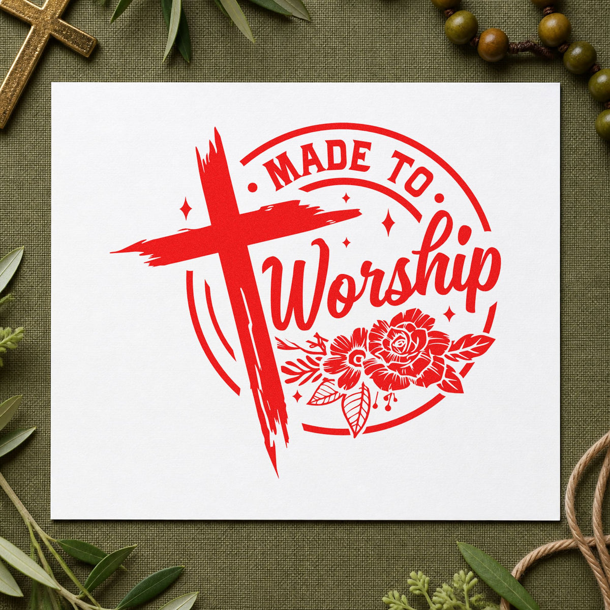 Made to Worship Roses rubber stamp shown in red ink, stamped for projects such as drum room notes.