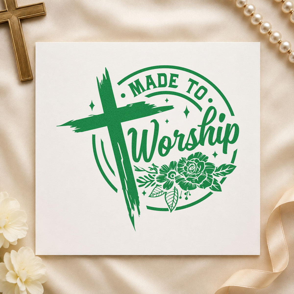 Made to Worship Roses craft stamp imprint in green ink on a handmade project, one idea being framed music art.