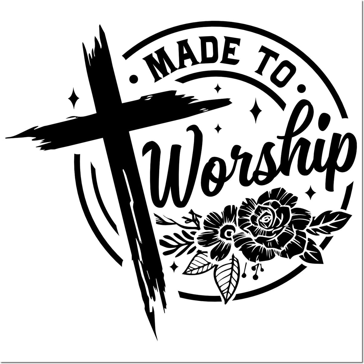 Black made-to-worship stamp and seal design with bold cross brushstroke, floral accents, and circular text on white.
