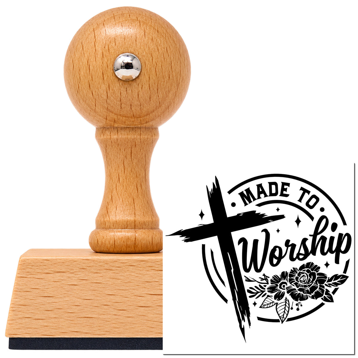 Vintage Pro beech wood stamp with a round knob handle, shown with its black Made To Worship Roses imprint on white.
