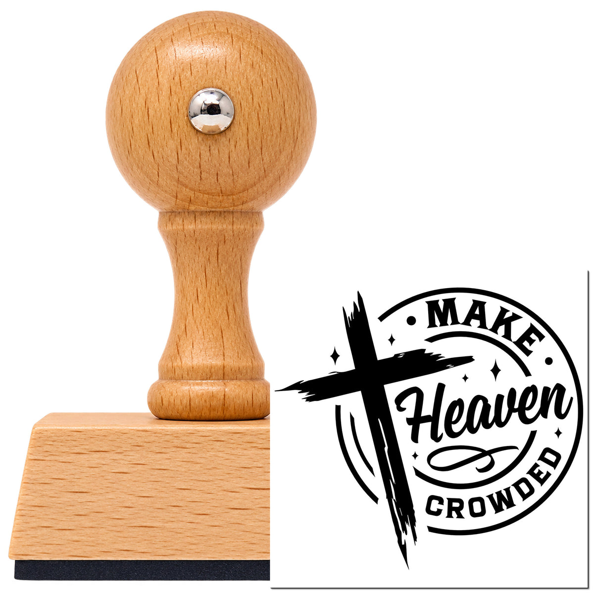 Vintage Pro beech wood stamp with a round knob handle, shown with its black Make Heaven Crowded Emblem imprint on white.