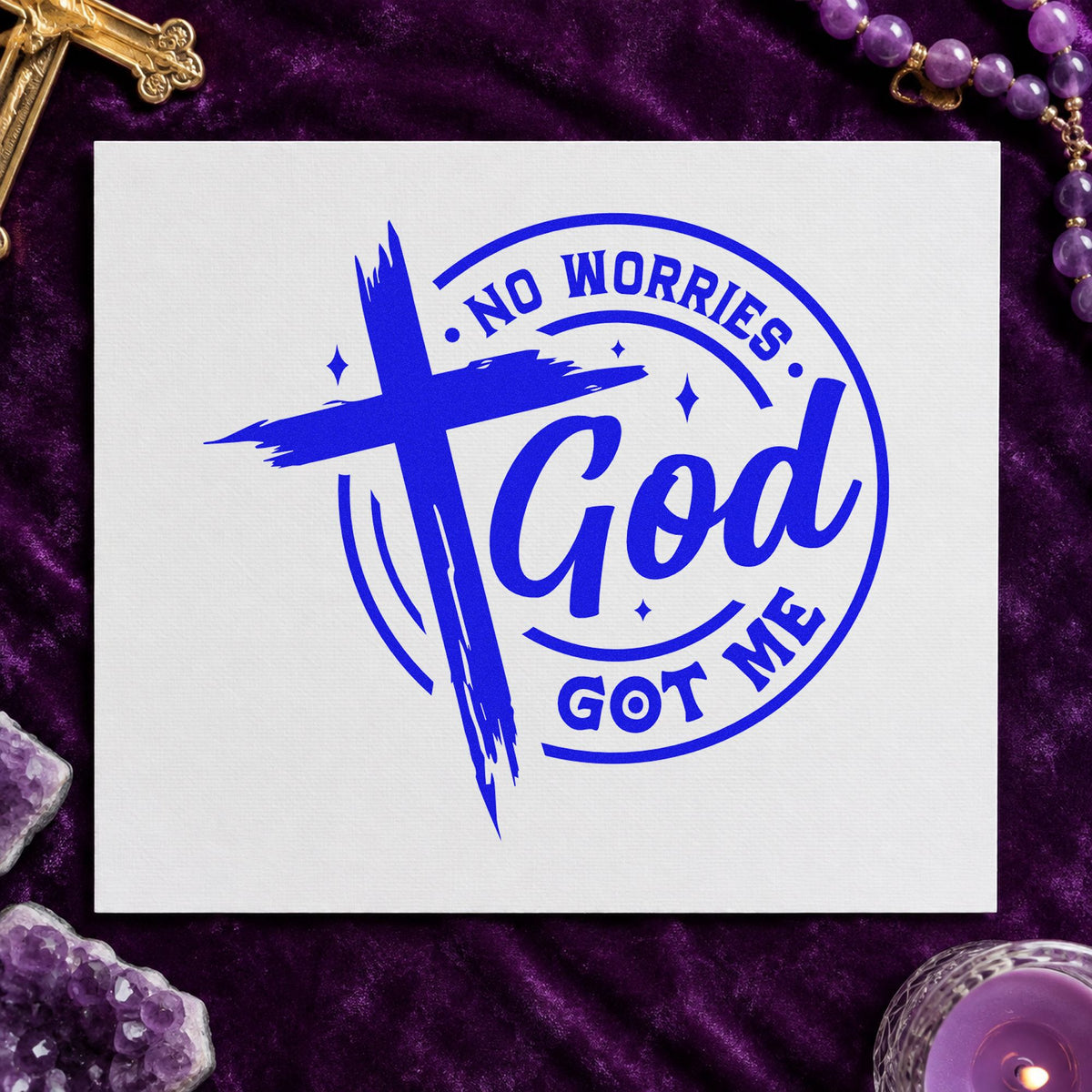 No Worries God Got Me Badge craft stamp in blue ink on cardstock, an easy option for surf beach totes.