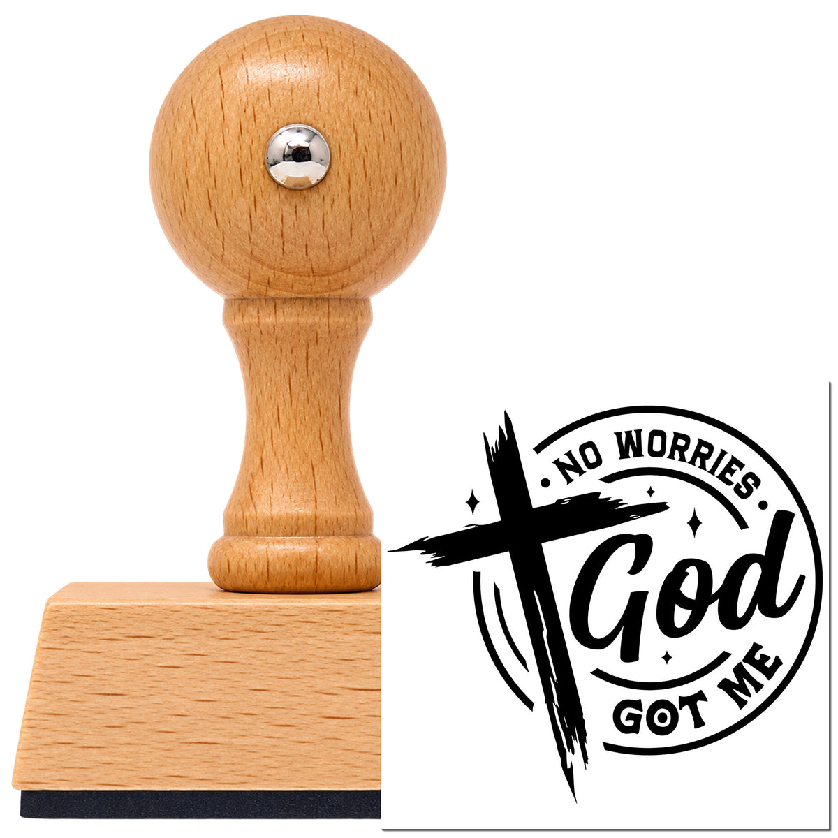 Vintage Pro beech wood stamp with a round knob handle, shown with its black No Worries God Got Me Badge imprint on white.