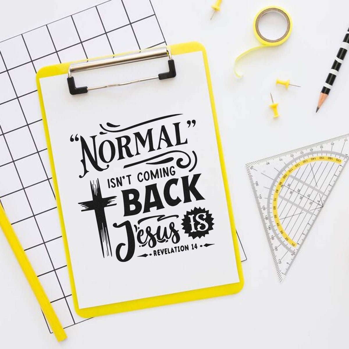 Yellow clipboard stamp and seal design with black Christian quote, cross, and drafting tools on a white background.