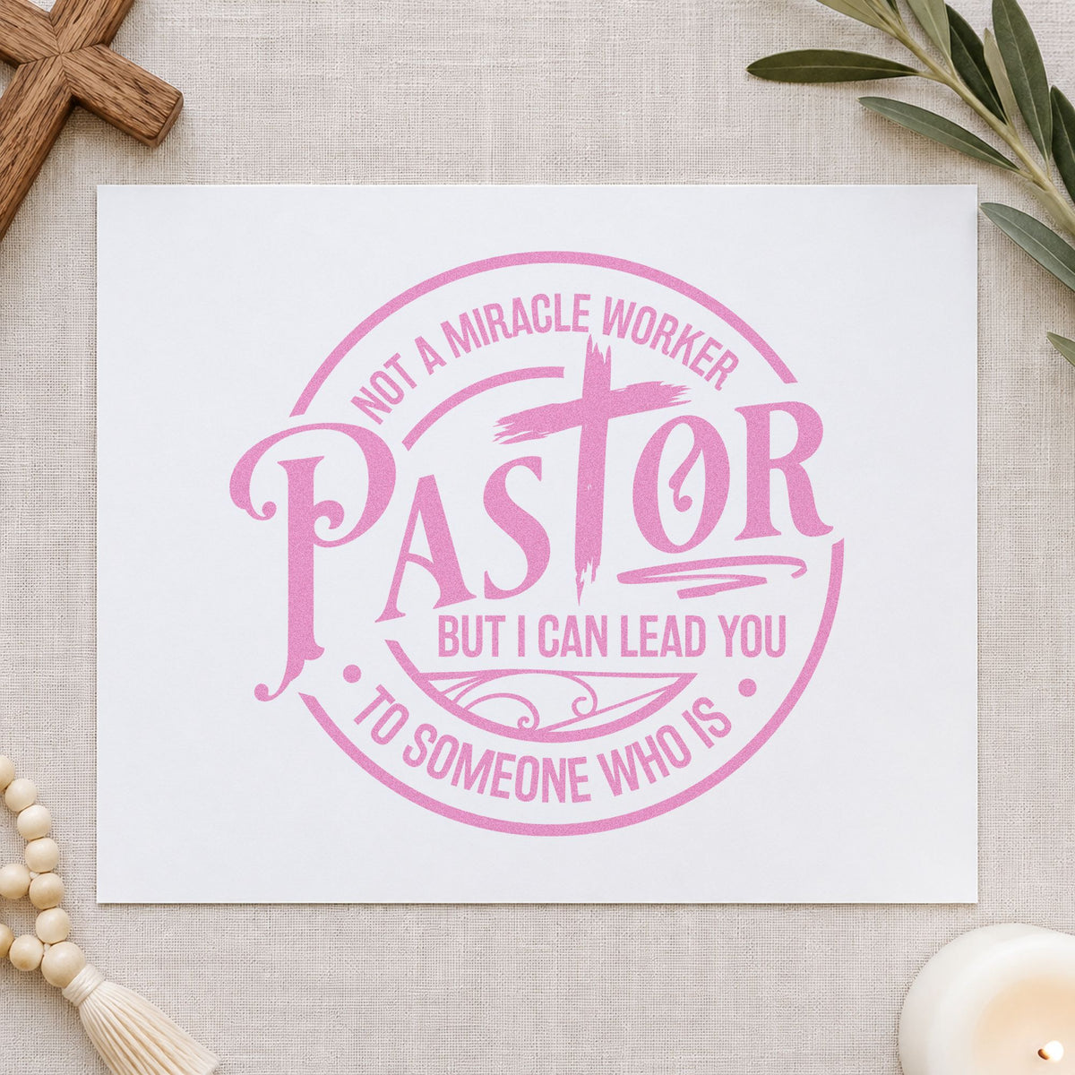 Pastor Not a Miracle Worker craft stamp in purple ink on cardstock, an easy option for ordination gift tags.
