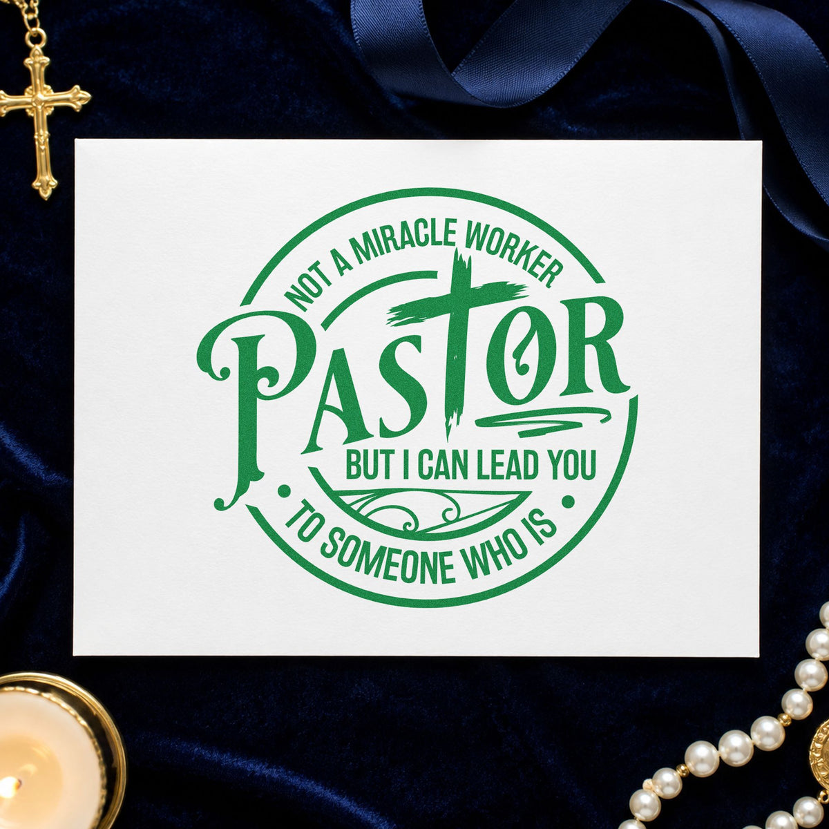 Pastor Not a Miracle Worker craft stamp imprint in green ink on a handmade project, one idea being sermon notes pages.