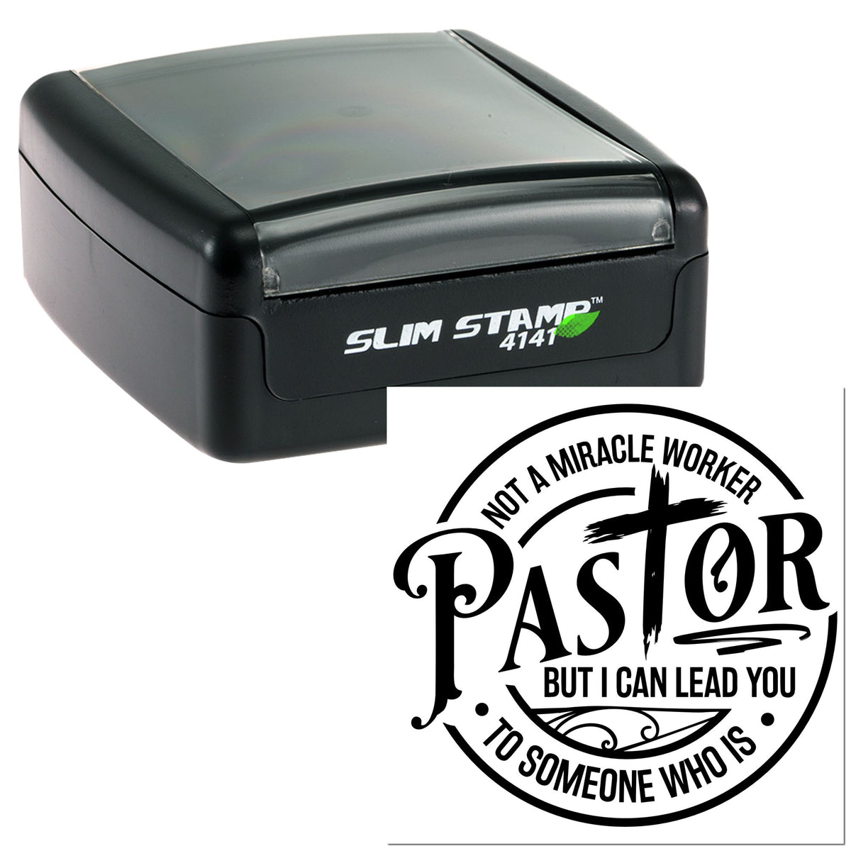 Black self-inking stamp with gray cover and circular black church seal impression reading Pastor.