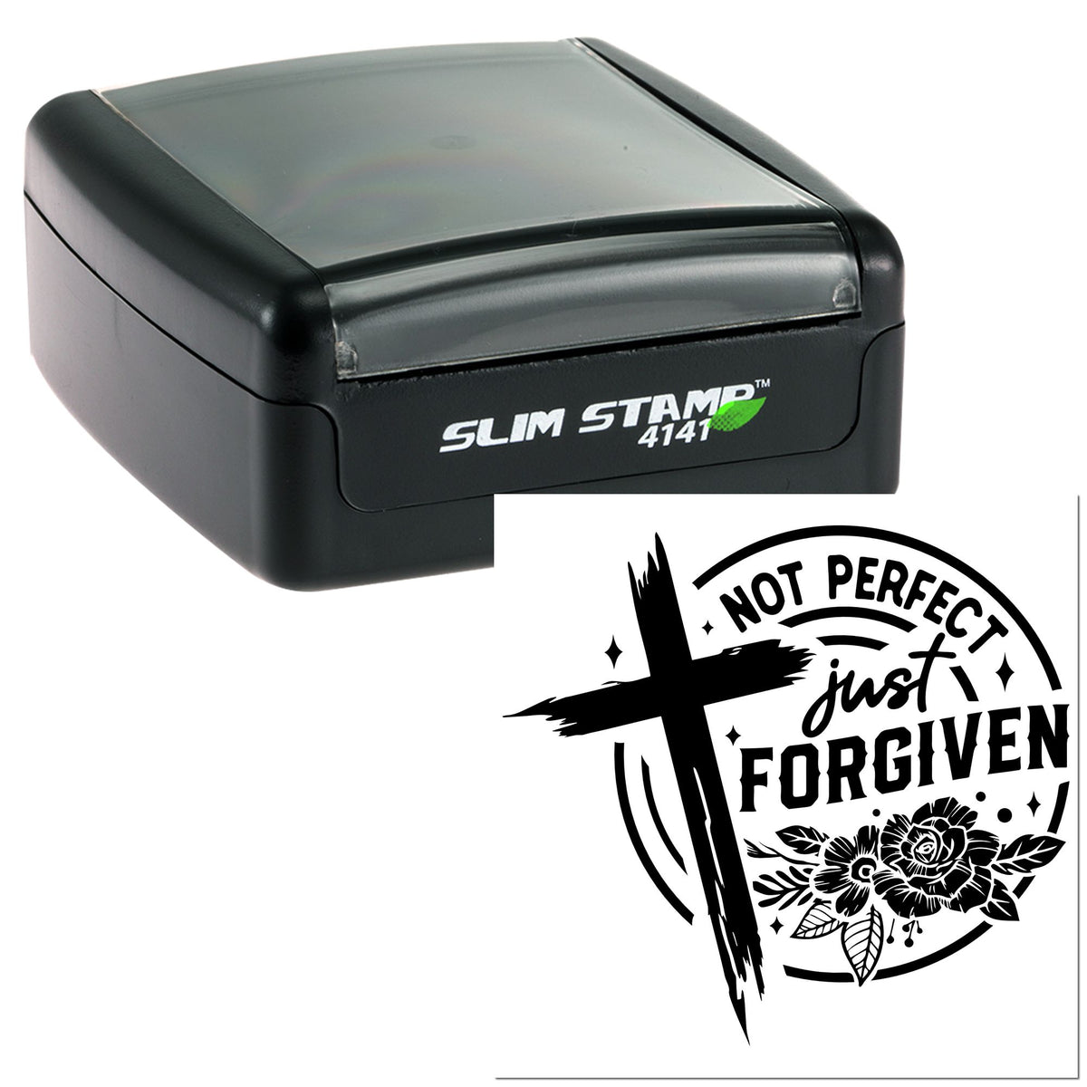 Black Slim Stamp self-inking seal with gray top and Not Perfect, just Forgiven cross-and-floral design.