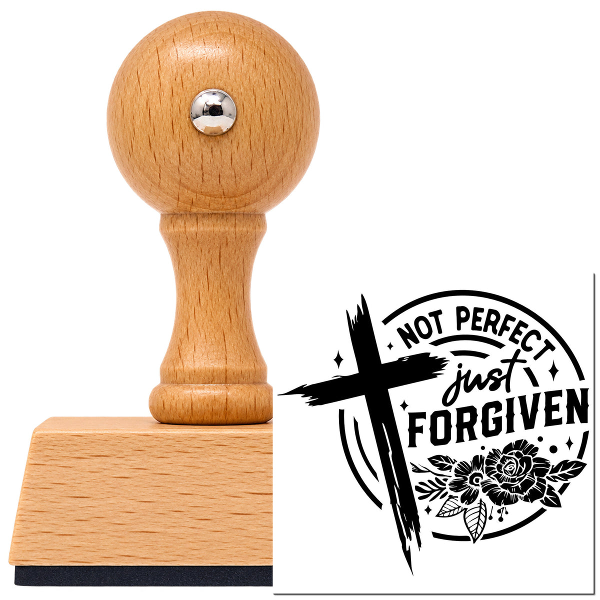 Vintage Pro beech wood stamp with a round knob handle, shown with its black Not Perfect Forgiven Roses Brushstroke Cross imprint on white.