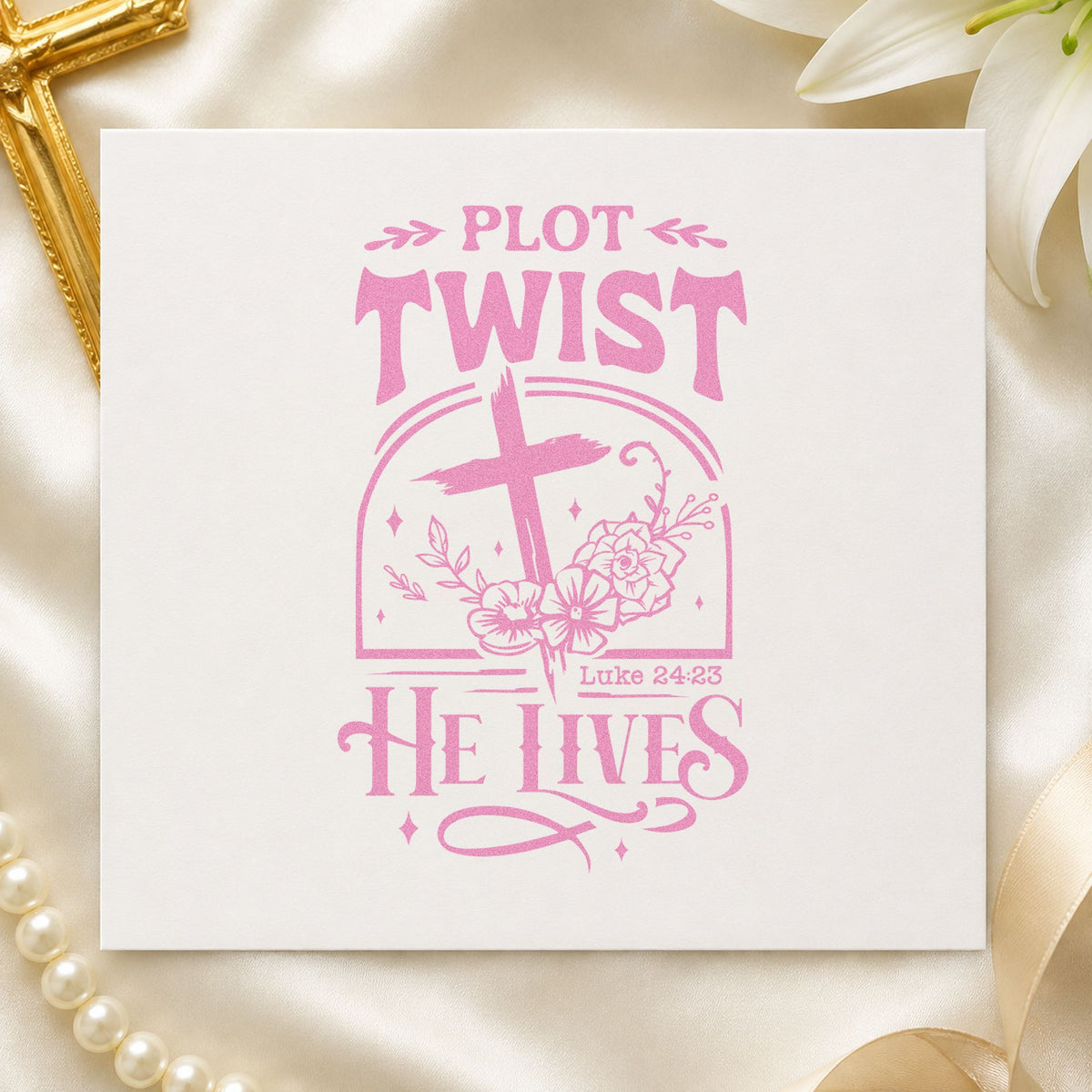 Plot Twist He Lives craft stamp in purple ink on cardstock, an easy option for easter brunch tags.