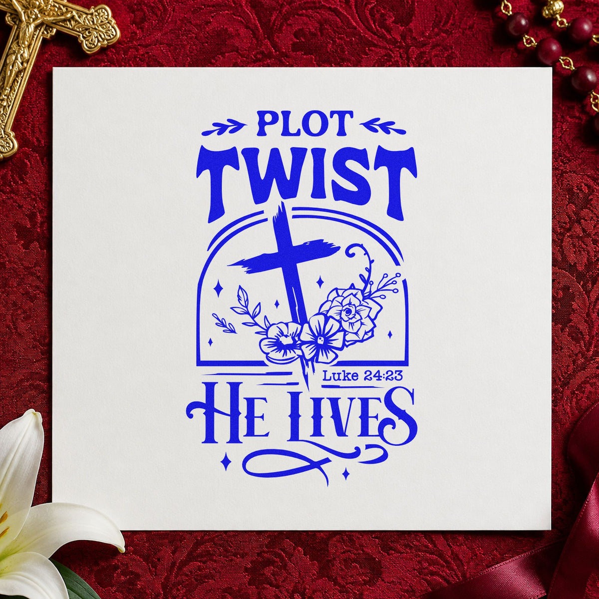 Plot Twist He Lives craft stamp imprinted in blue ink on paper, a design suited to second chance notes.