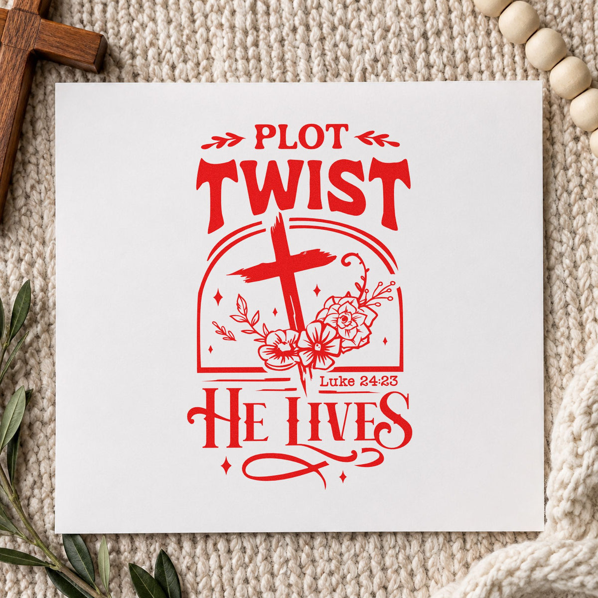Plot Twist He Lives rubber stamp shown in red ink, stamped for projects such as garden bed markers.