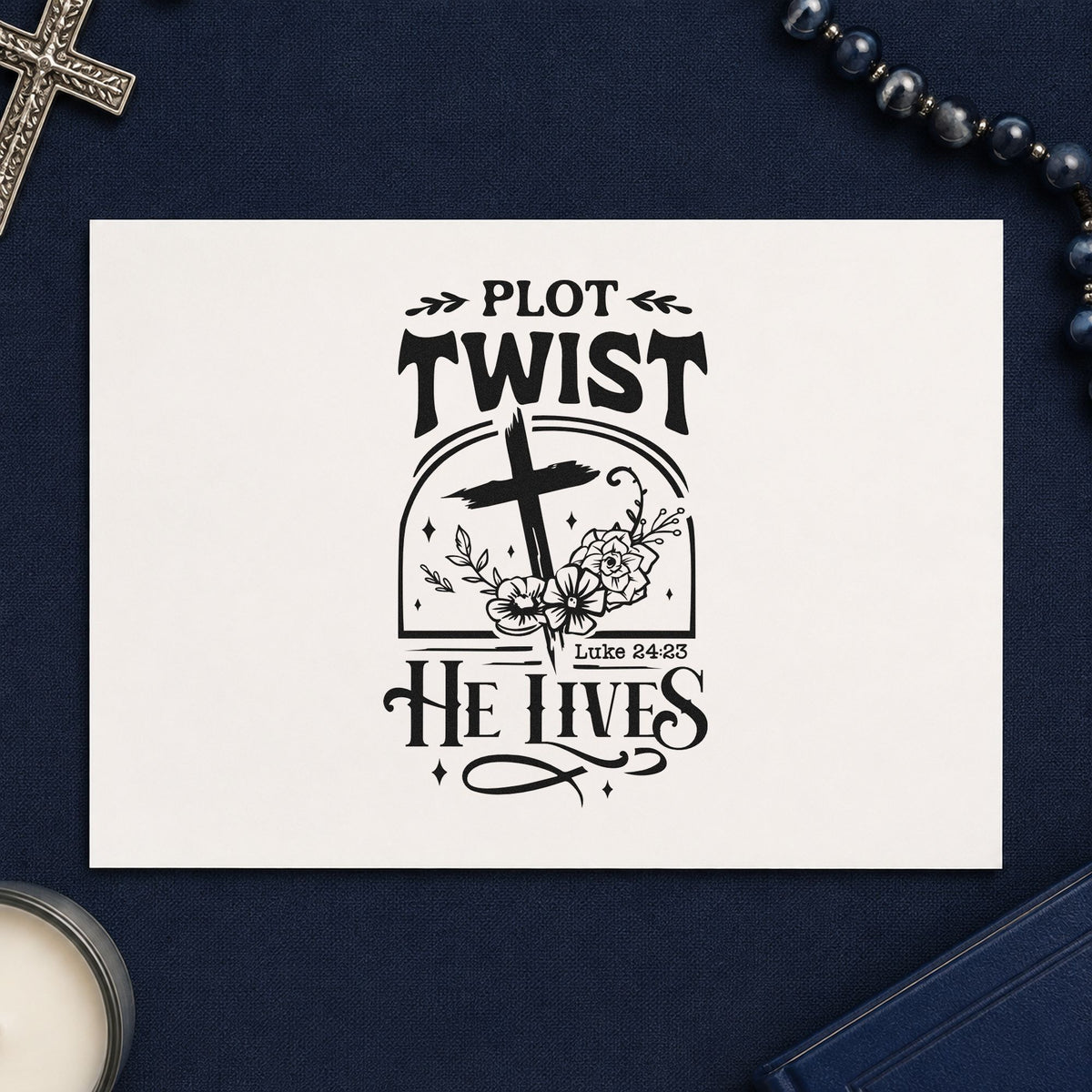 Plot Twist He Lives rubber stamp printed in black ink, ready for plot twist cards and similar paper crafts.