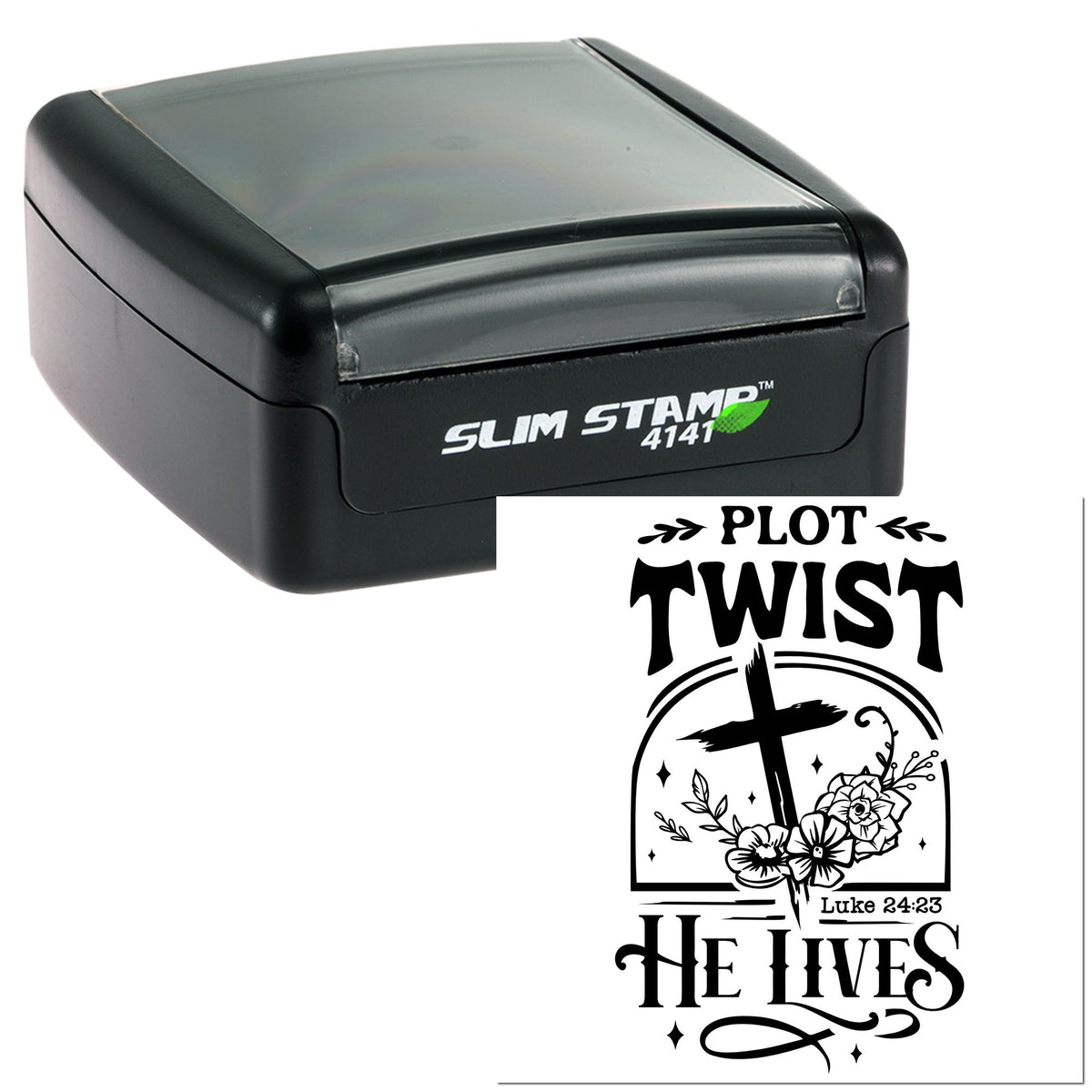 Black Slim Stamp 4141 self-inking seal with clear cover and "Plot Twist He Lives" floral Christian design.
