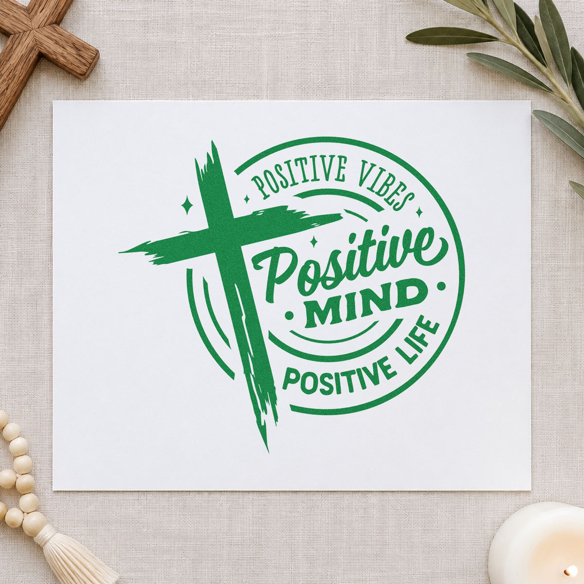 Positive Mind Positive Life craft stamp imprint in green ink on a handmade project, one idea being habit tracker pages.