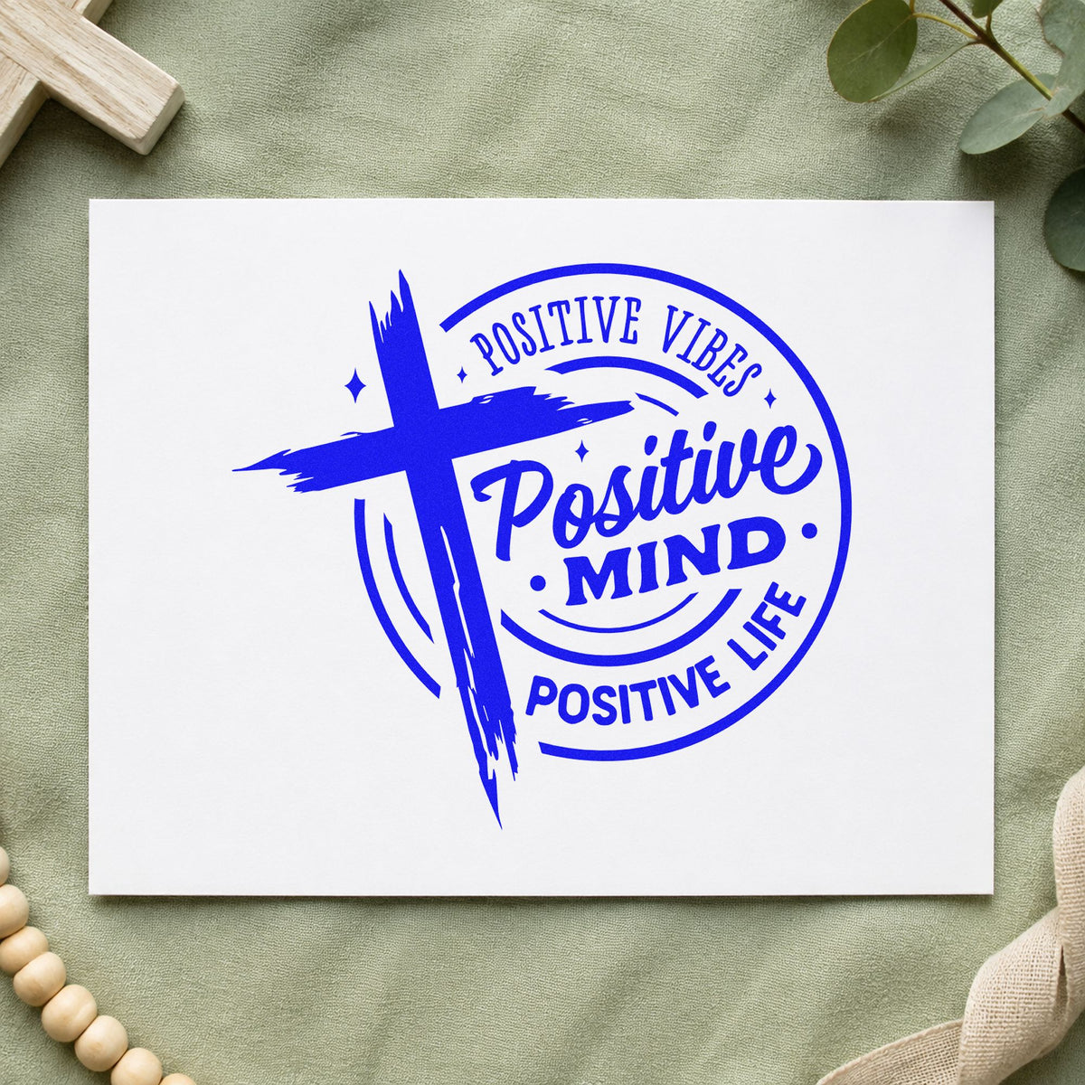 Positive Mind Positive Life craft stamp in blue ink on cardstock, an easy option for yoga mat bags.