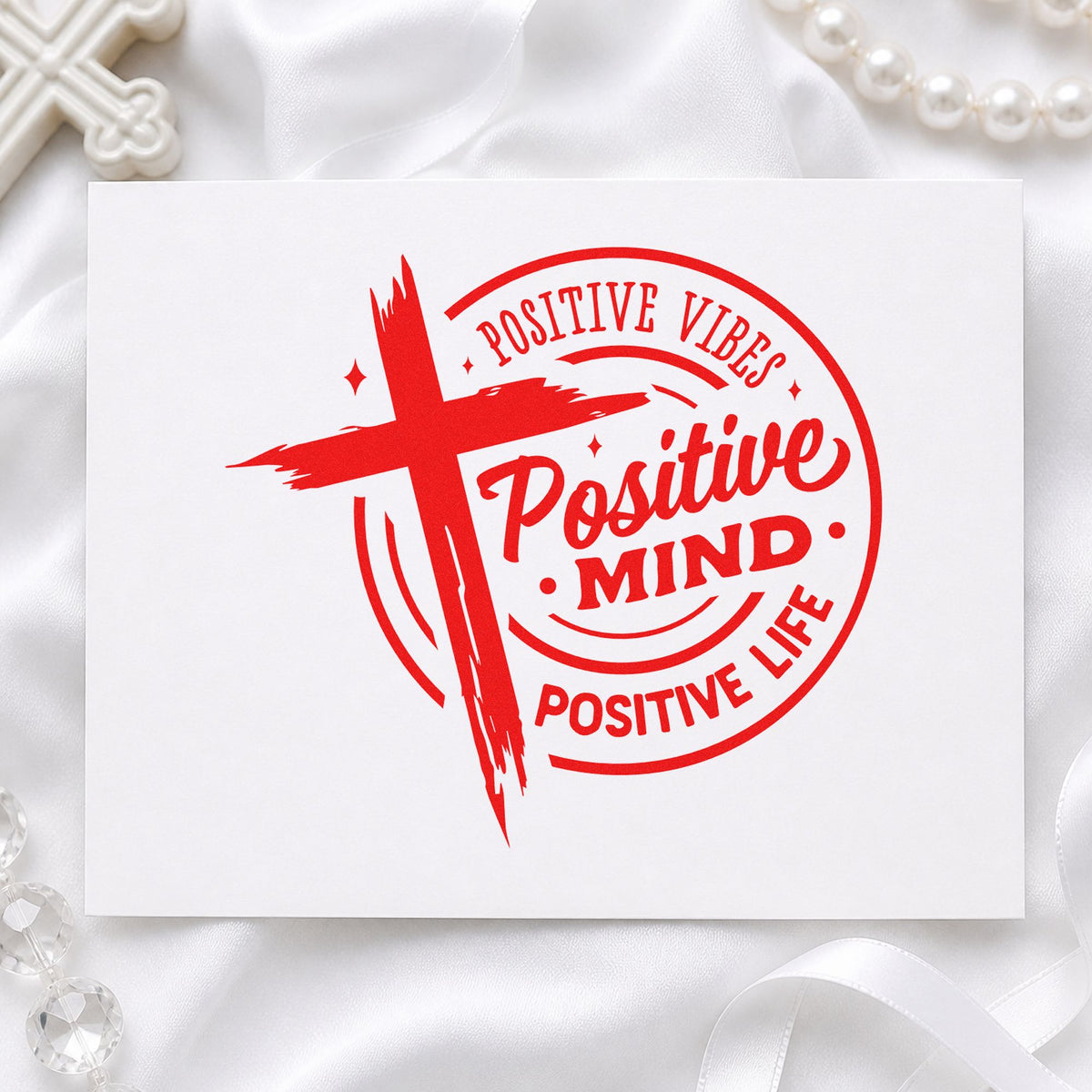 Positive Mind Positive Life rubber stamp shown in red ink, stamped for projects such as wellness coach notes.
