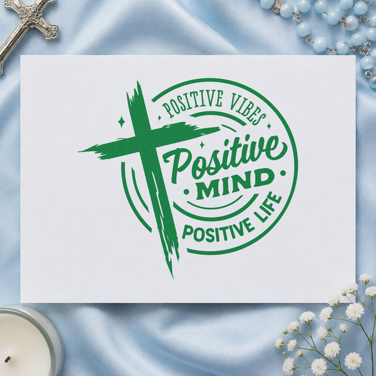 Positive Mind Positive Life craft stamp imprint in green ink on a handmade project, one idea being framed treadmill art.