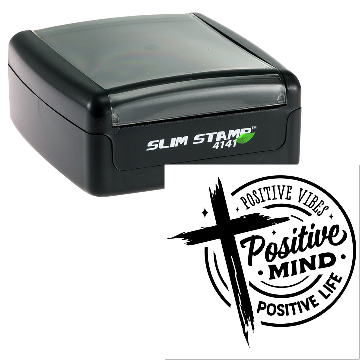 Black self-inking Slim Stamp 4141 with black Positive Vibes circular seal design on white background.