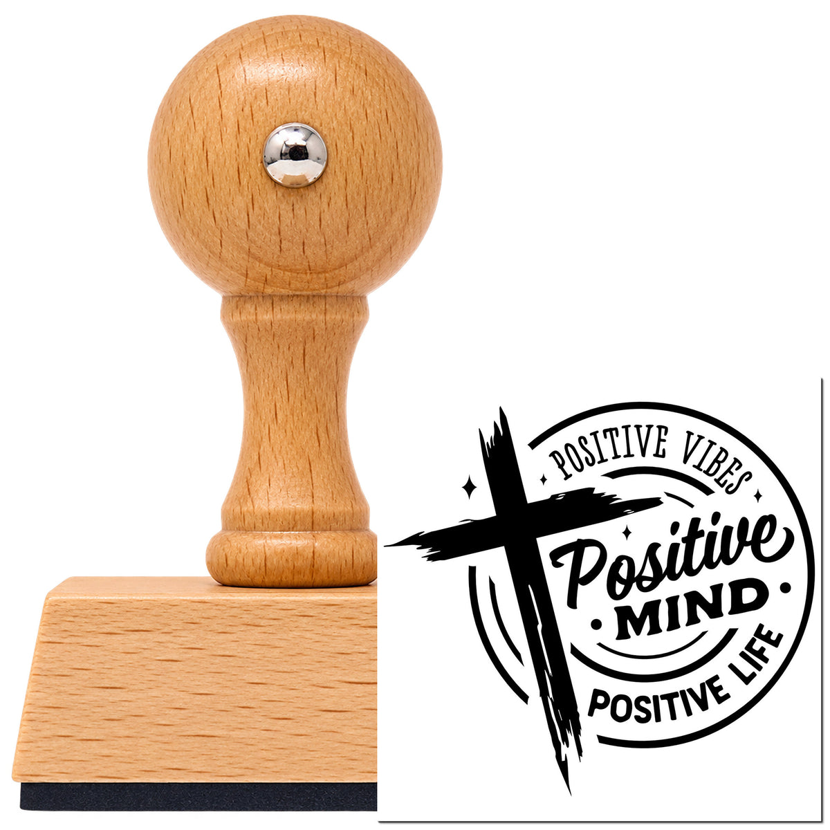 Vintage Pro beech wood stamp with a round knob handle, shown with its black Positive Mind Positive Life imprint on white.