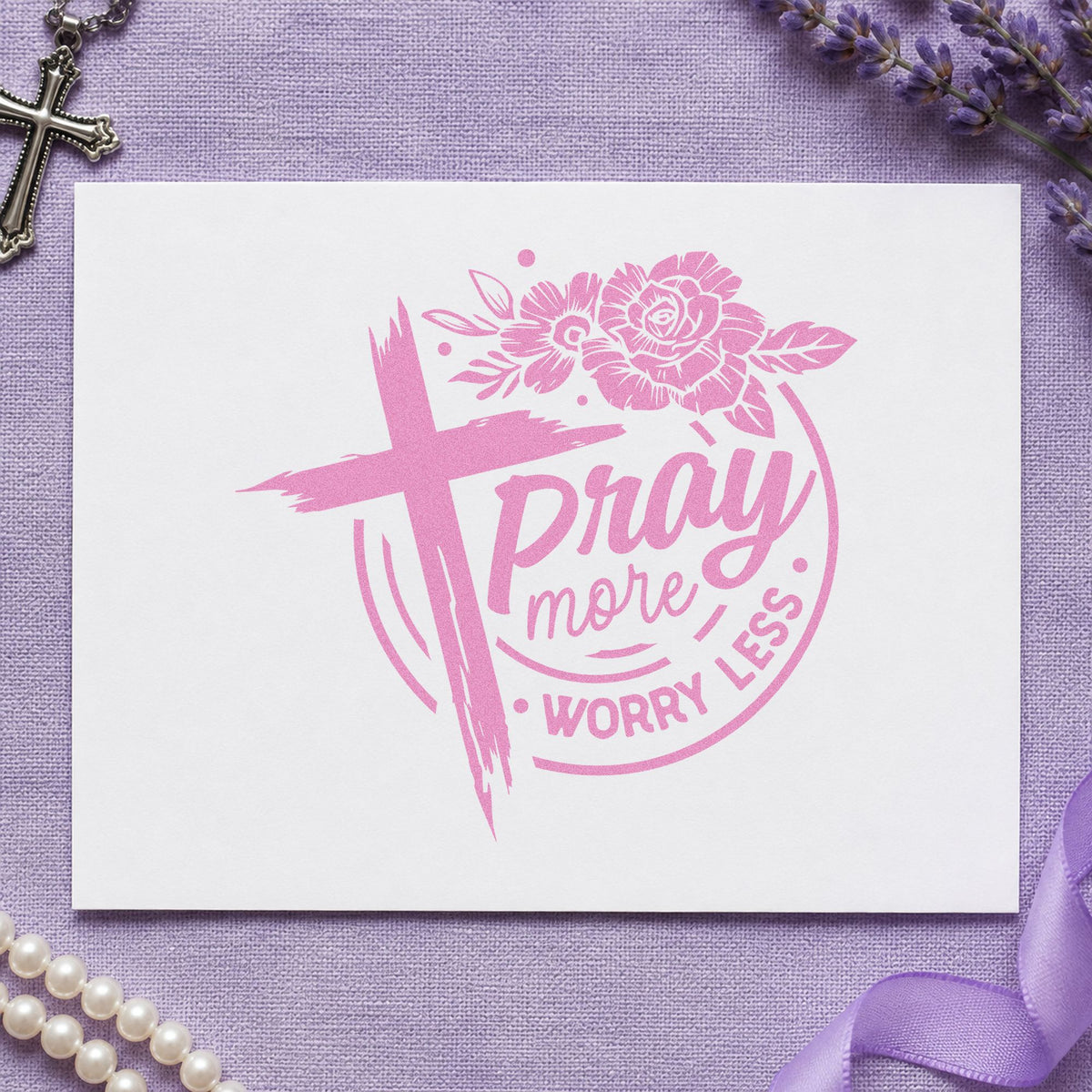 Pray More Worry Less Roses craft stamp in purple ink on cardstock, an easy option for prayer box tags.