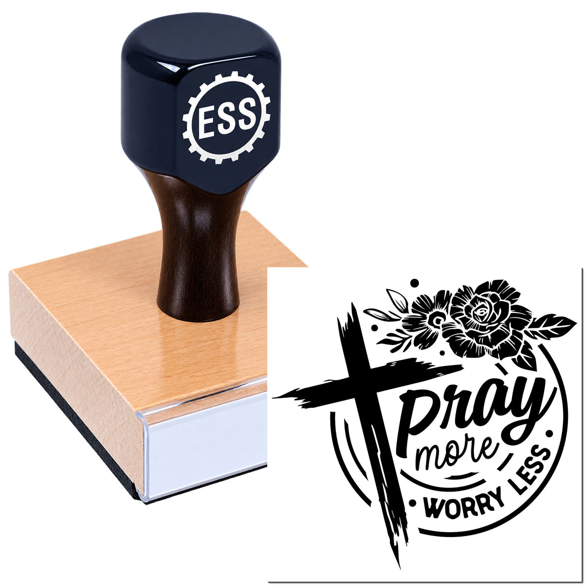 Dark blue ESS self-inking stamp on a wooden block beside a black floral cross seal reading "Pray more worry less."
