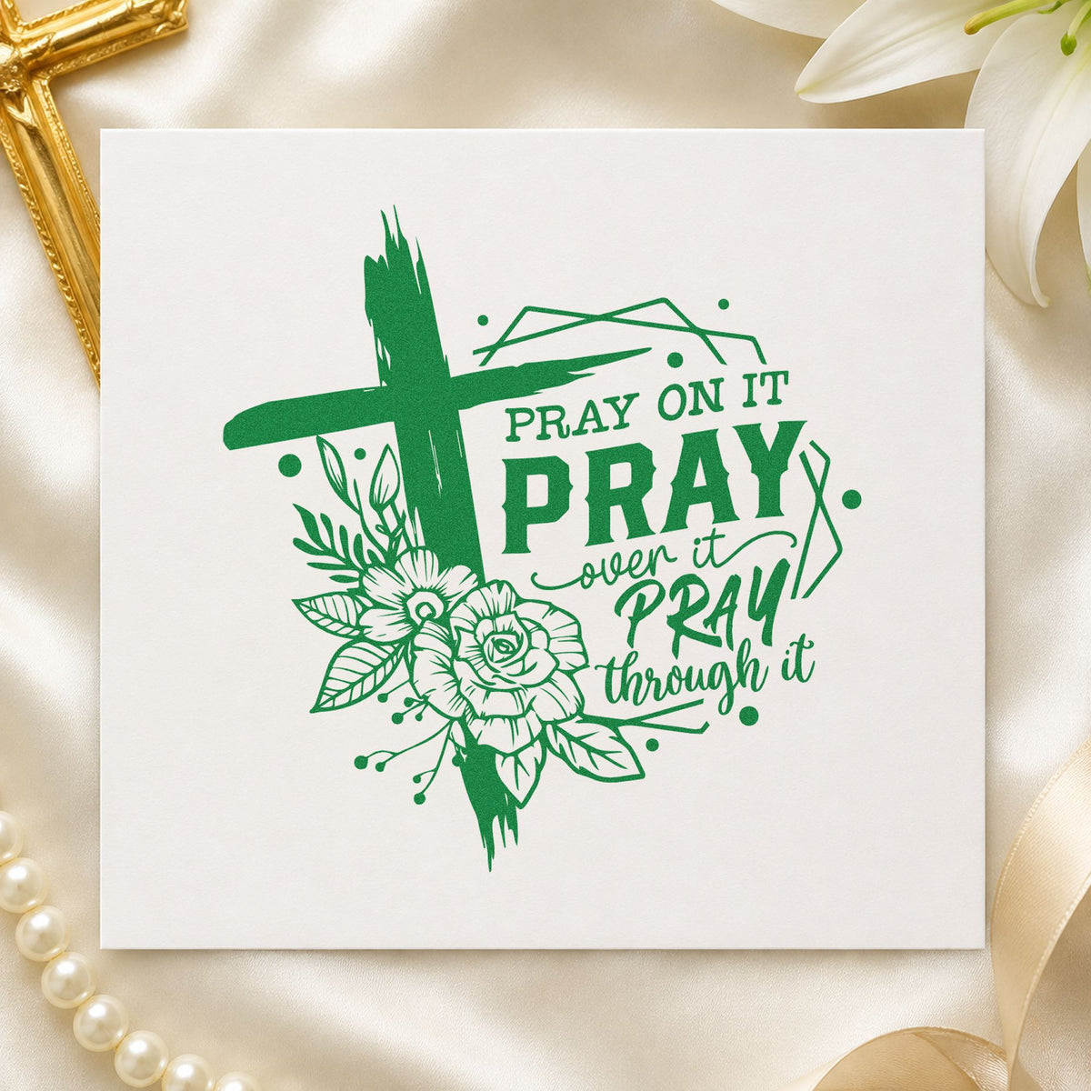 Pray on It Floral Frame craft stamp imprint in green ink on a handmade project, one idea being coloring craft pages.