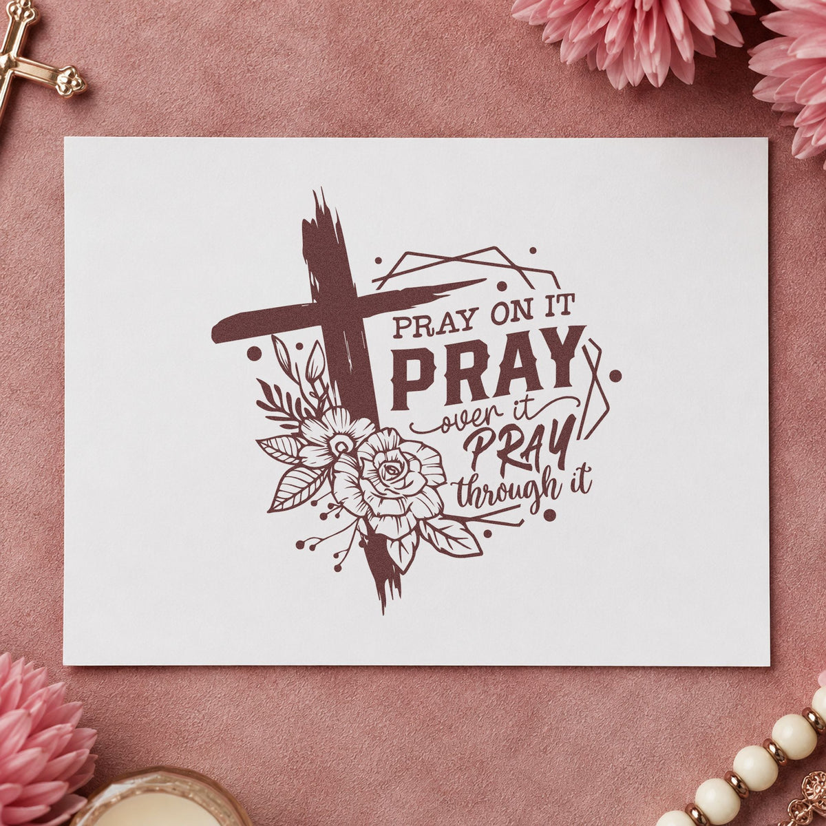Pray on It Floral Frame rubber stamp printed in brown ink, ready for bookmark sets and similar paper crafts.
