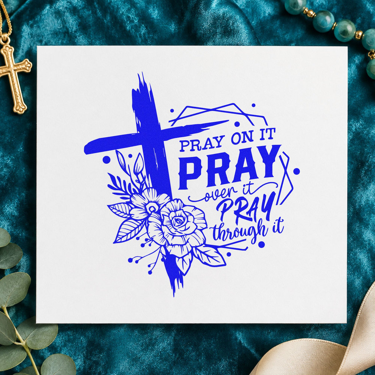 Pray on It Floral Frame craft stamp imprinted in blue ink on paper, a design suited to candle shelf labels.