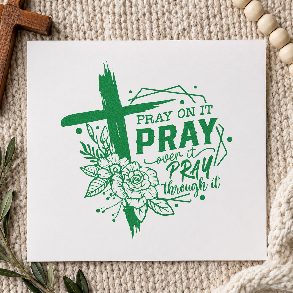 Pray on It Floral Frame craft stamp imprint in green ink on a handmade project, one idea being framed chapel art.