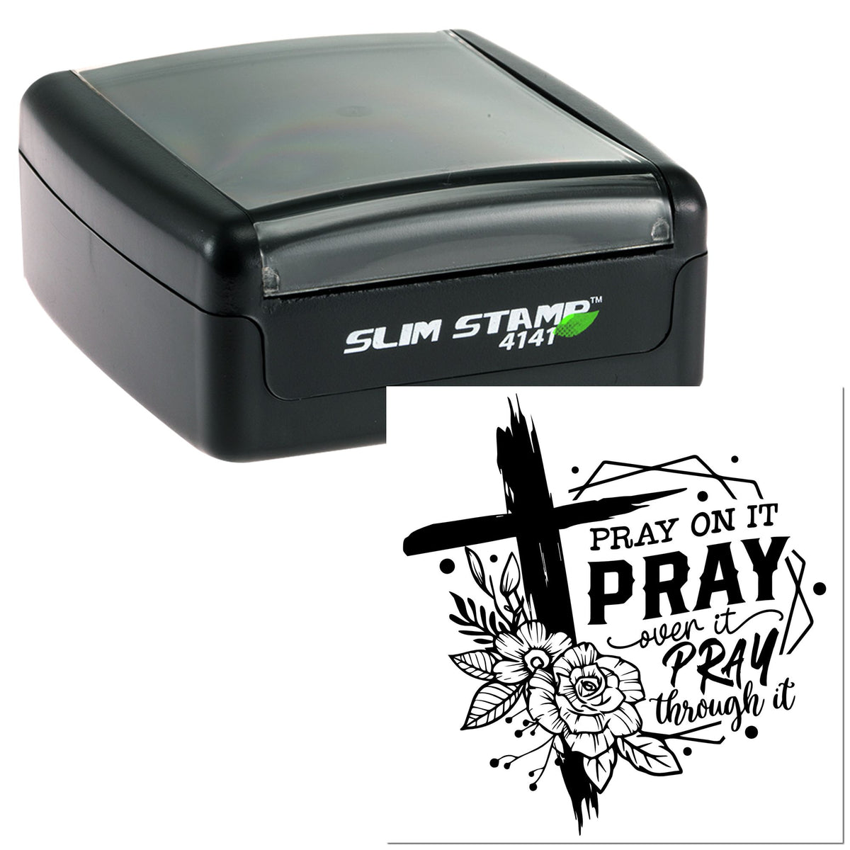 Black Slim Stamp 4141 self-inking stamp and seal with black case, cross, flowers, and Pray over it, pray through it design.