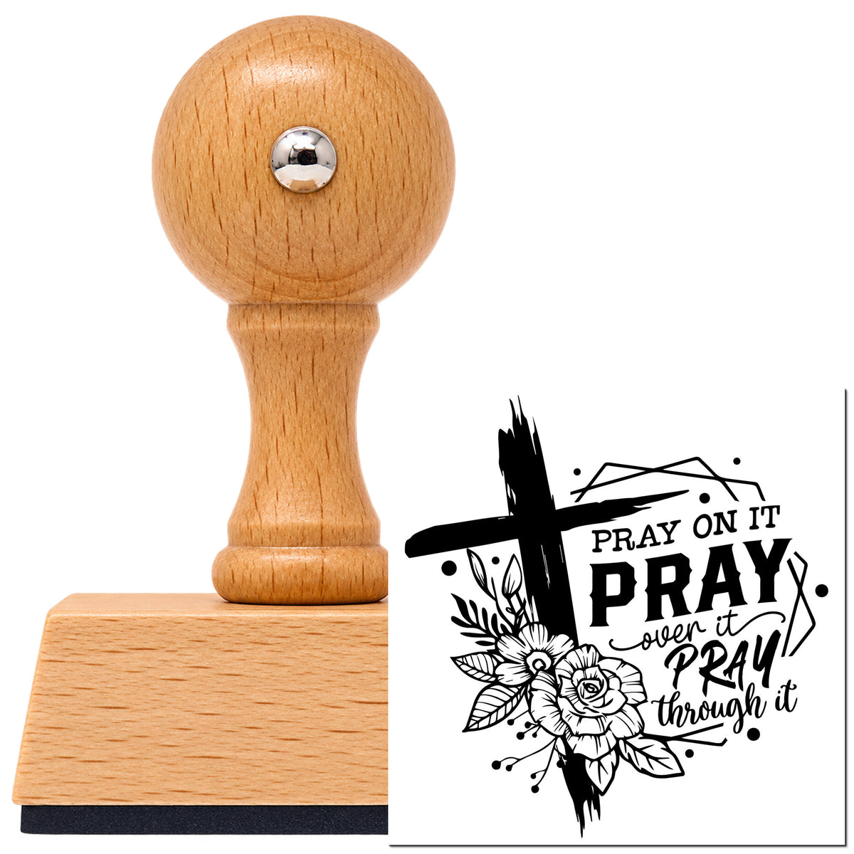 Vintage Pro beech wood stamp with a round knob handle, shown with its black Pray On It Floral Framed Lettering imprint on white.