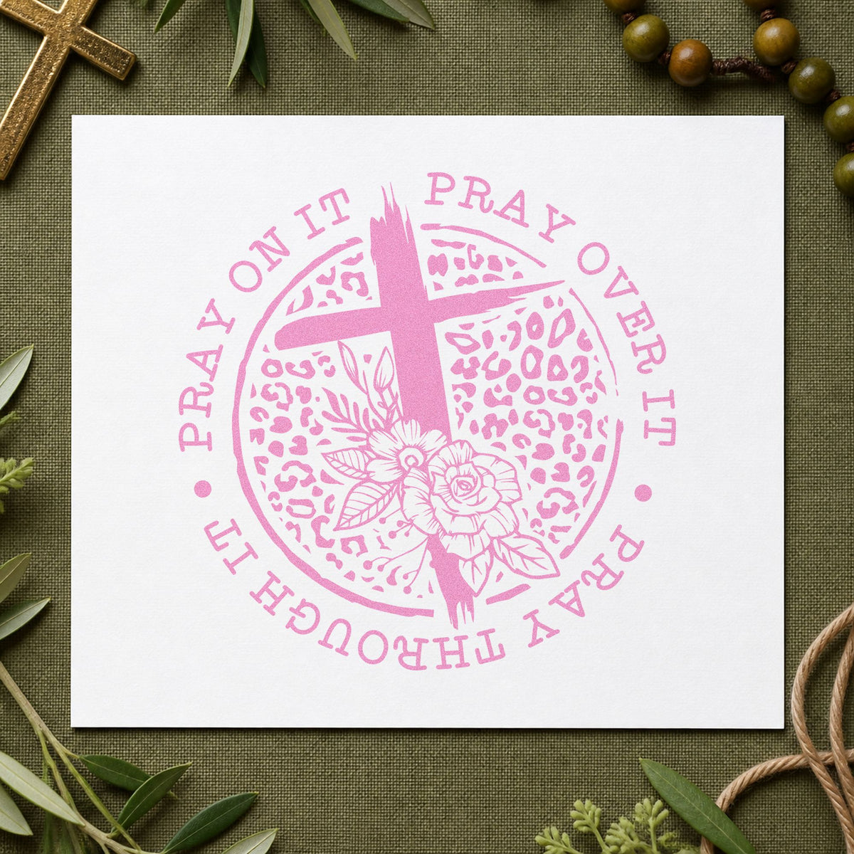 Pray Leopard Floral Circle craft stamp in purple ink on cardstock, an easy option for boutique bag tags.