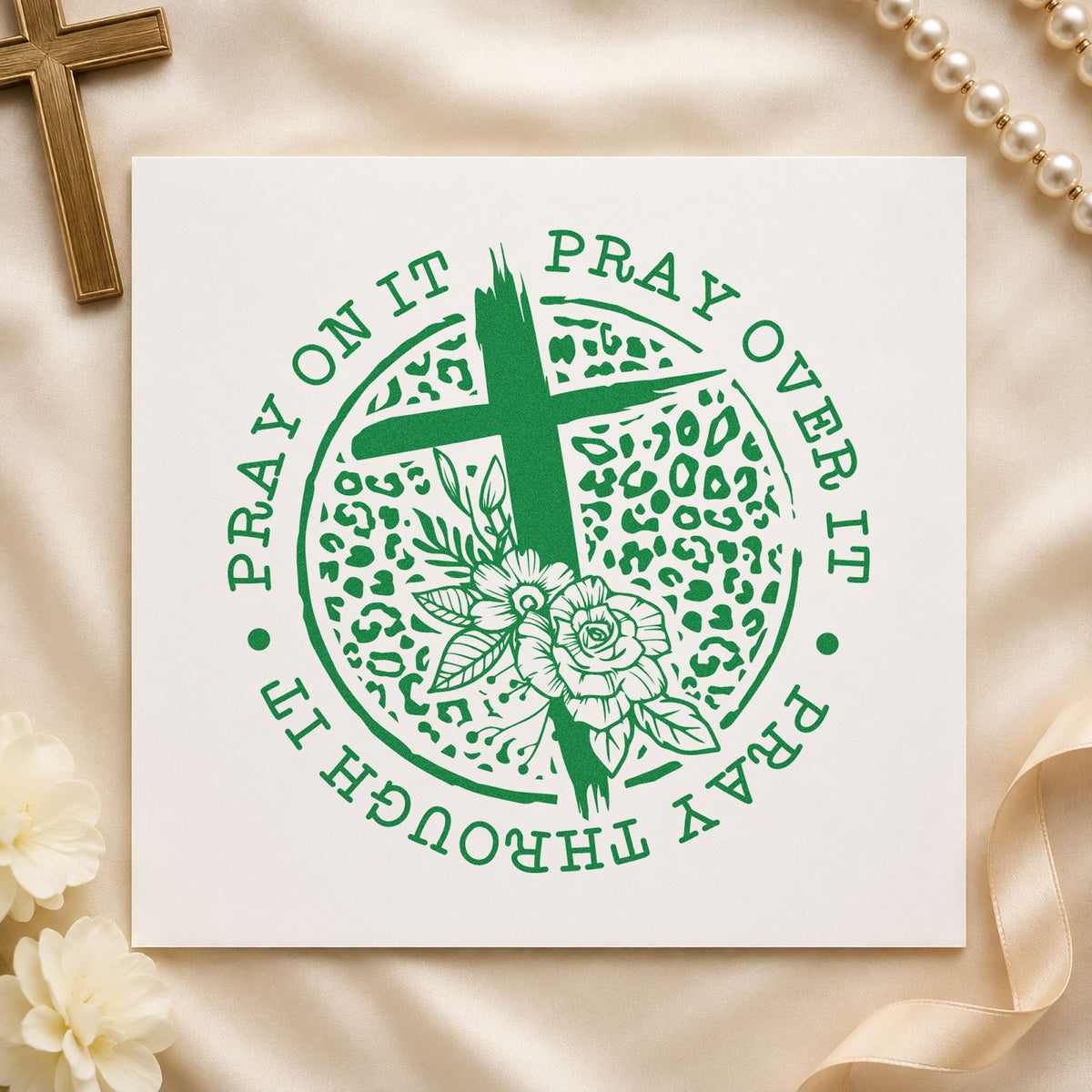 Pray Leopard Floral Circle craft stamp imprint in green ink on a handmade project, one idea being planner divider pages.