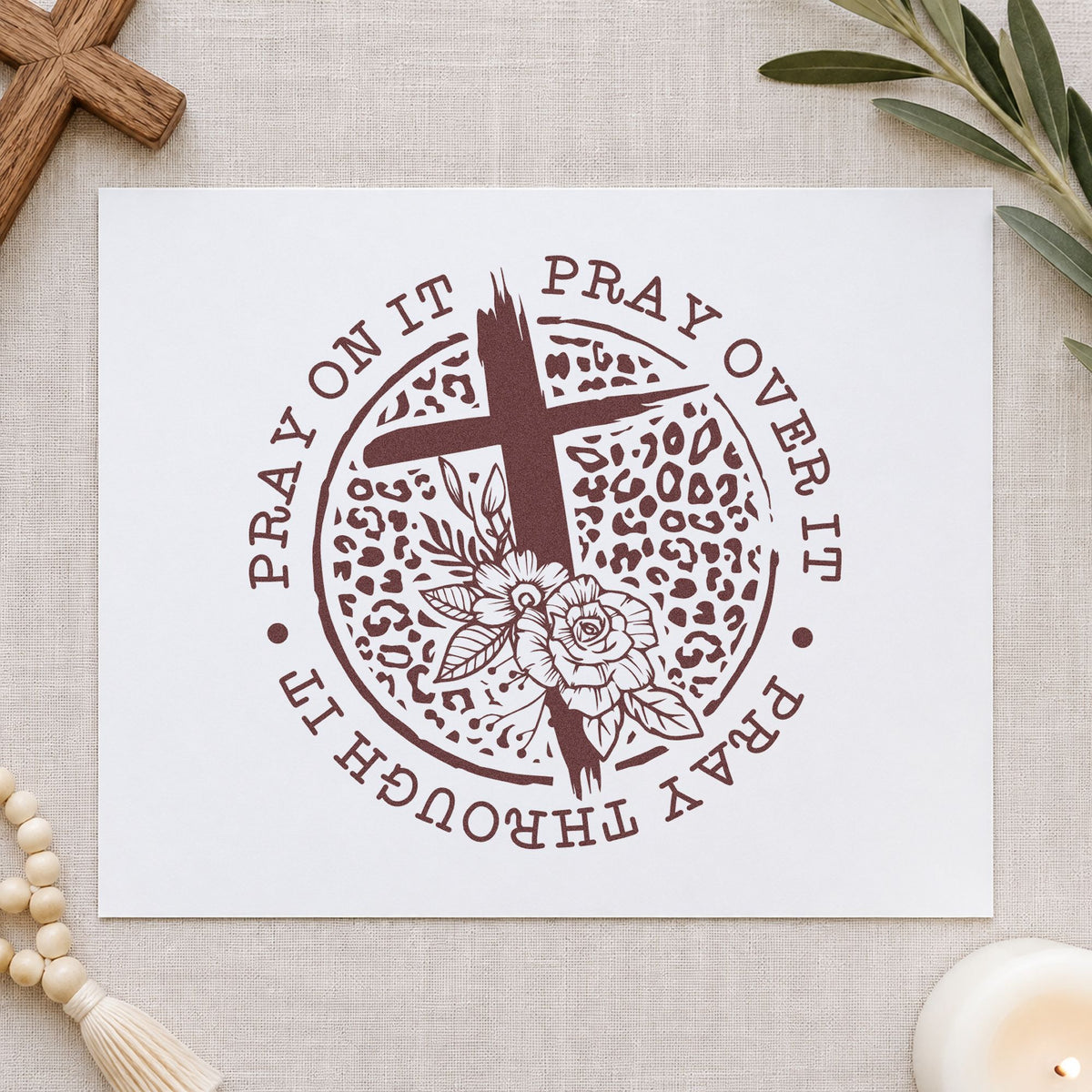 Pray Leopard Floral Circle rubber stamp printed in brown ink, ready for nail salon cards and similar paper crafts.