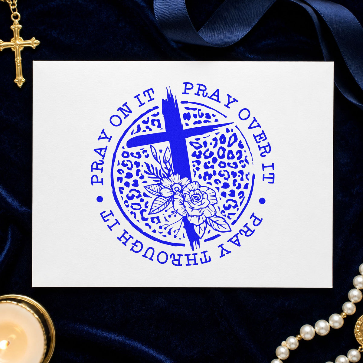 Pray Leopard Floral Circle craft stamp in blue ink on cardstock, an easy option for leopard scarf ends.